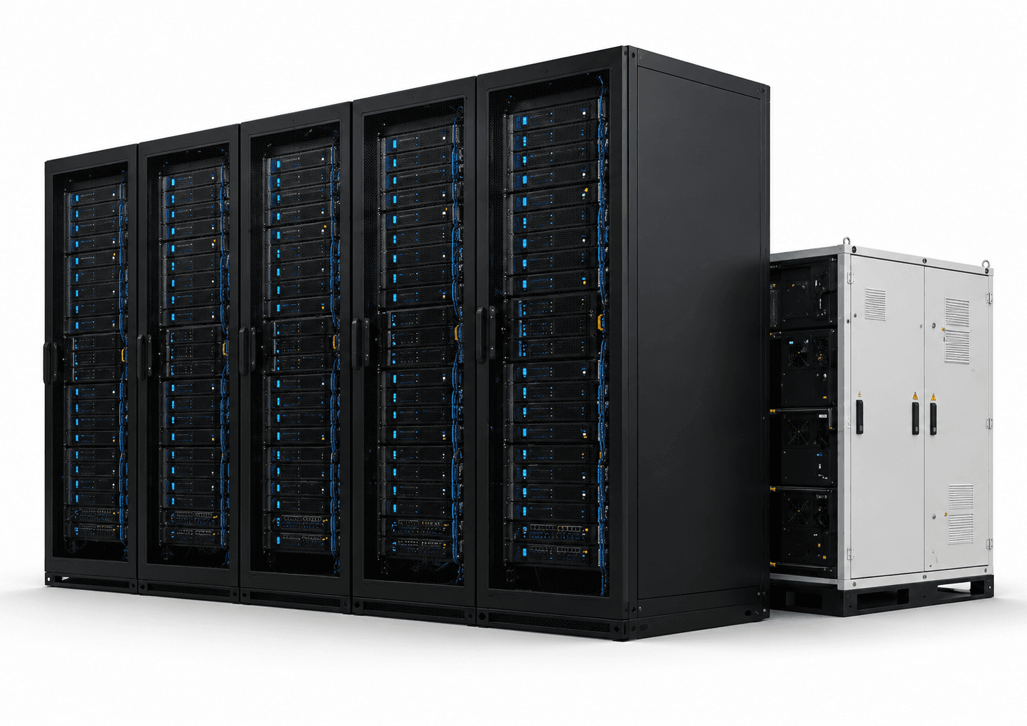 Server racks alongside a BESS cabinet in a data center