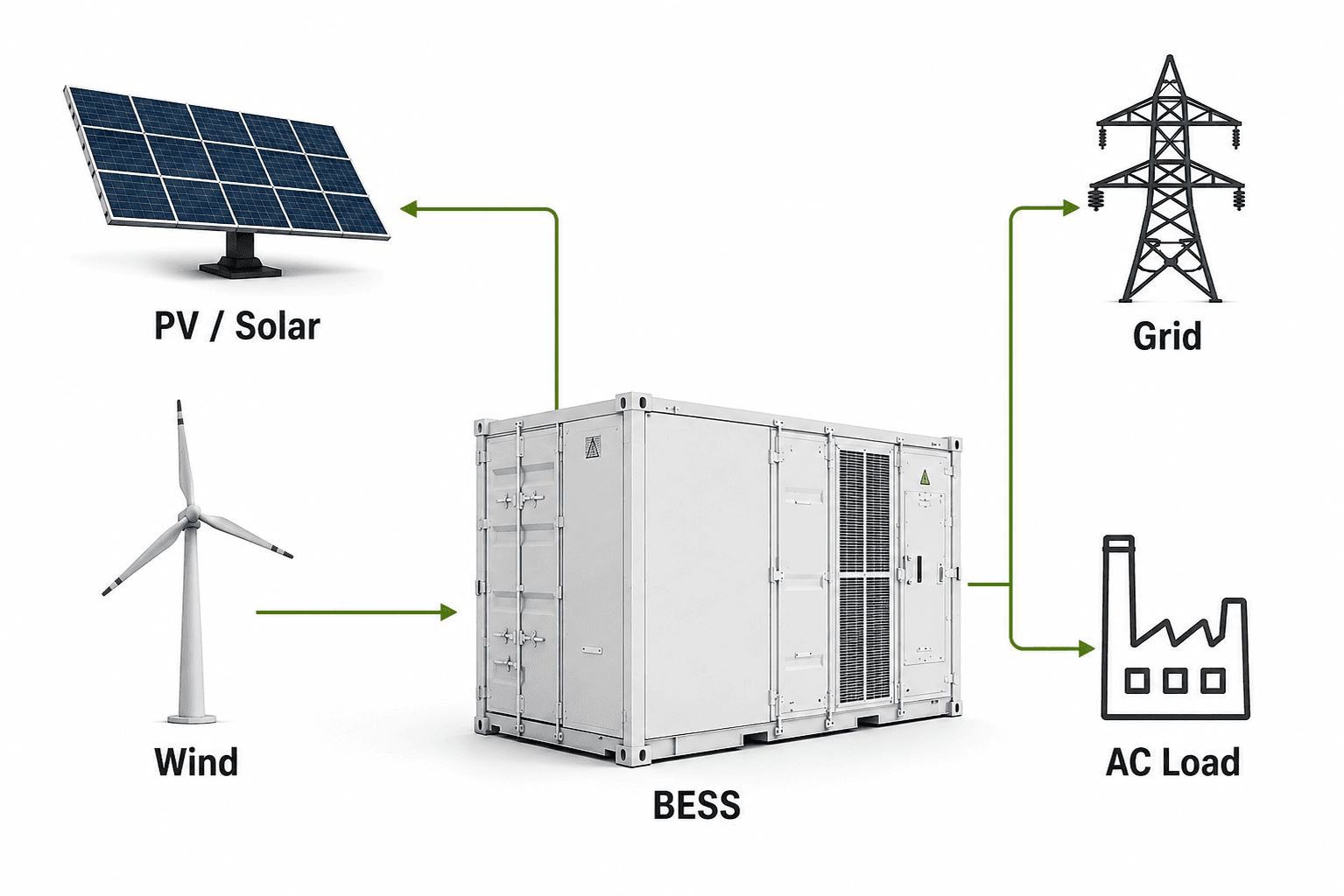 PV, wind, BESS and grid connection diagram