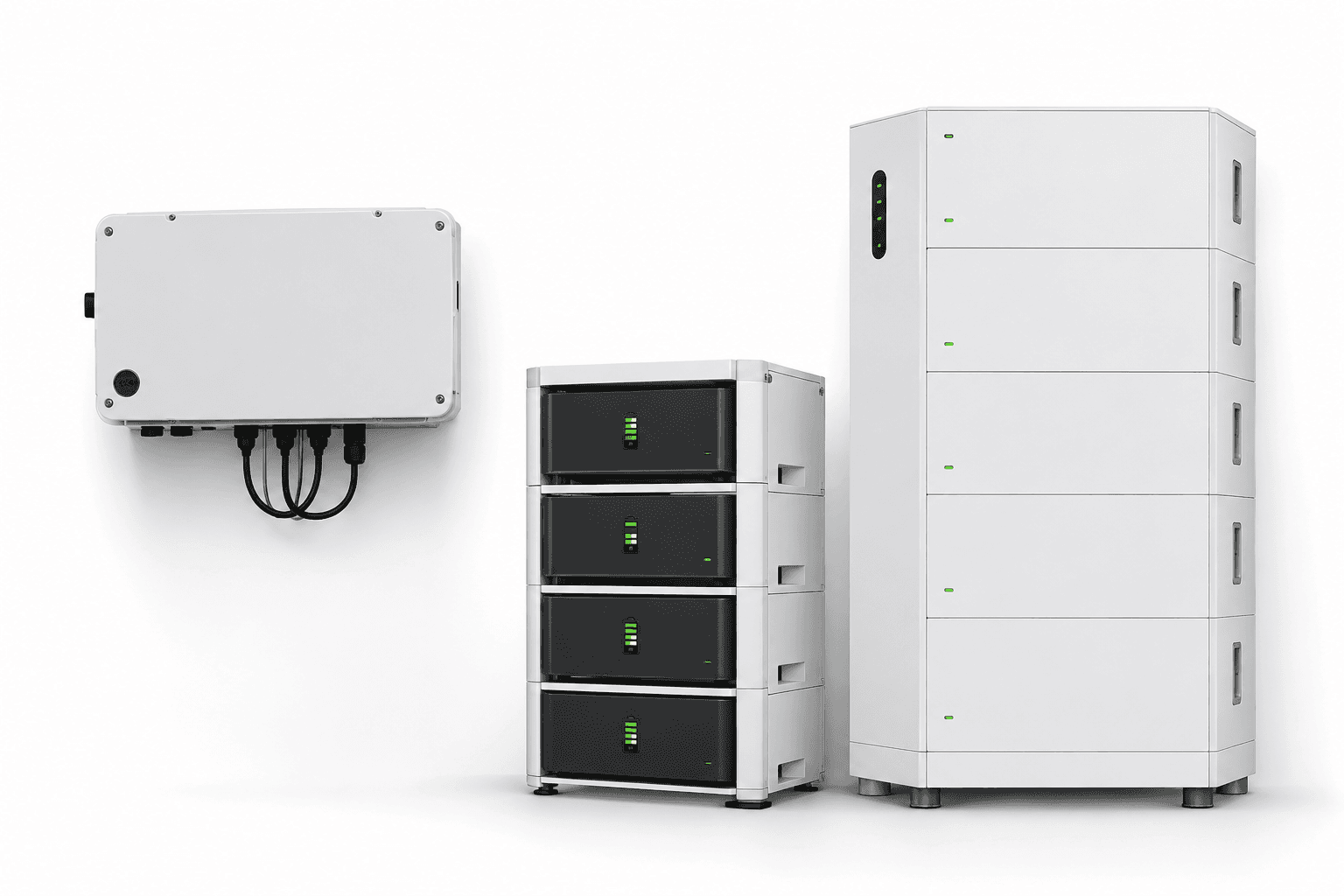 Wall-mounted hybrid inverter and stacked residential battery modules