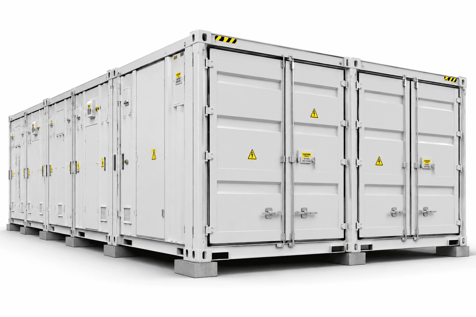 Rows of utility-scale BESS containers deployed at a power plant